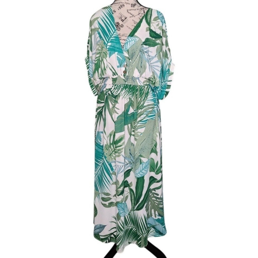Cupshe Whitley Green Tropical Leaf‎ V Neck Maxi Dress Beach Cover Up Size S